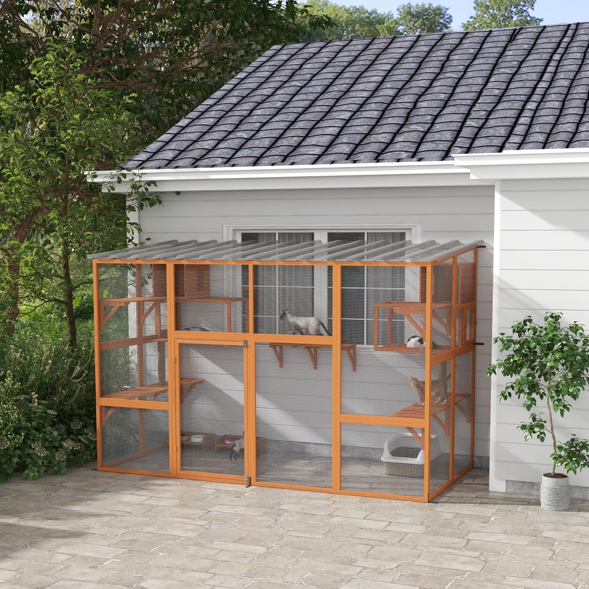 PawHut Catio, Outdoor Cat Enclosure Window Box, Wooden Cat House Playground with Scratching Posts, Weather Protection Roof for 1-5 Kitties, Resting Boxes, 118" x 55" x 75.5", Orange PawHut