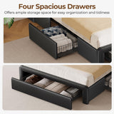 Seventable Queen Size Bed Frame with 4 Storage Drawers & Charging Station, Upholstered Platform Bed with Storage Headboard and LED Light, No Box Spring Needed, Noise Free, Easy Assembly, Black Seventable