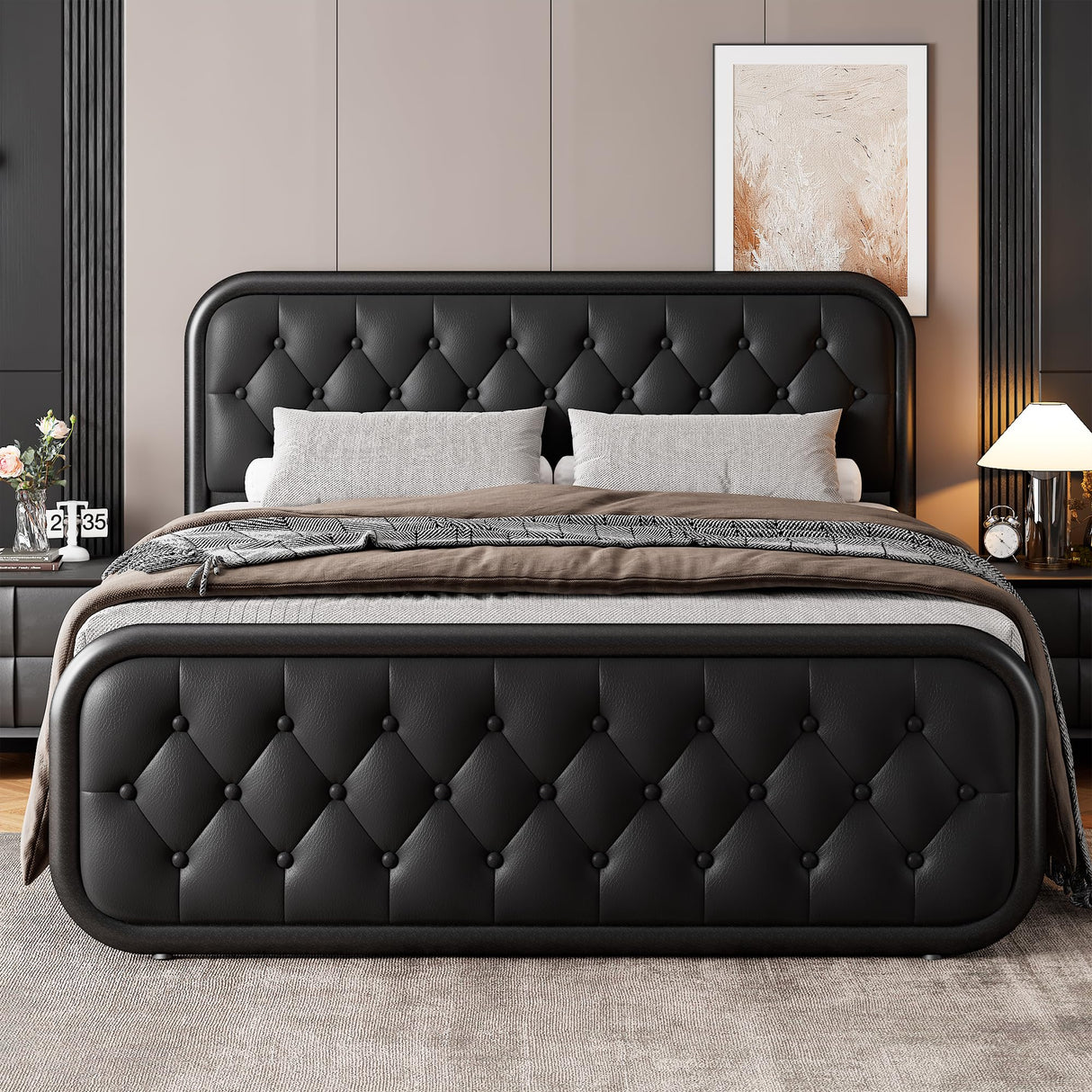 GalnFu Full Metal Bed Frame, Upholstered Bed with Leather Button-Tufted Headboard & Footboard, Heavy-Duty U-Shape Platform Bed, Easy Assembly, Black GalnFu