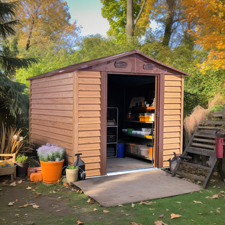 BOVONO 8FTx6FT Outdoor Metal Shed, Weather Resistant Tool Storage House with Lockable Door, Sloped Roof Storage Shed, Perfect for Backyard, Garden & Lawn (Wood) BOVONO