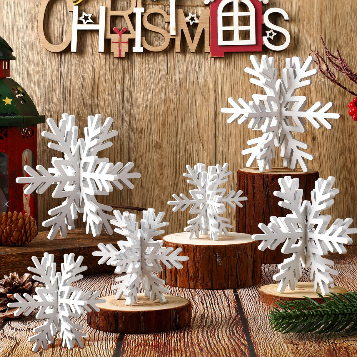 Bucherry 12 Pcs Christmas Wooden Snowflake Decoration Winter Snowflake Signs 3D Snowflake Tabletop Decor Snowflake Centerpiece Xmas Snowflake Signs for Home Xmas Party(White) Bucherry