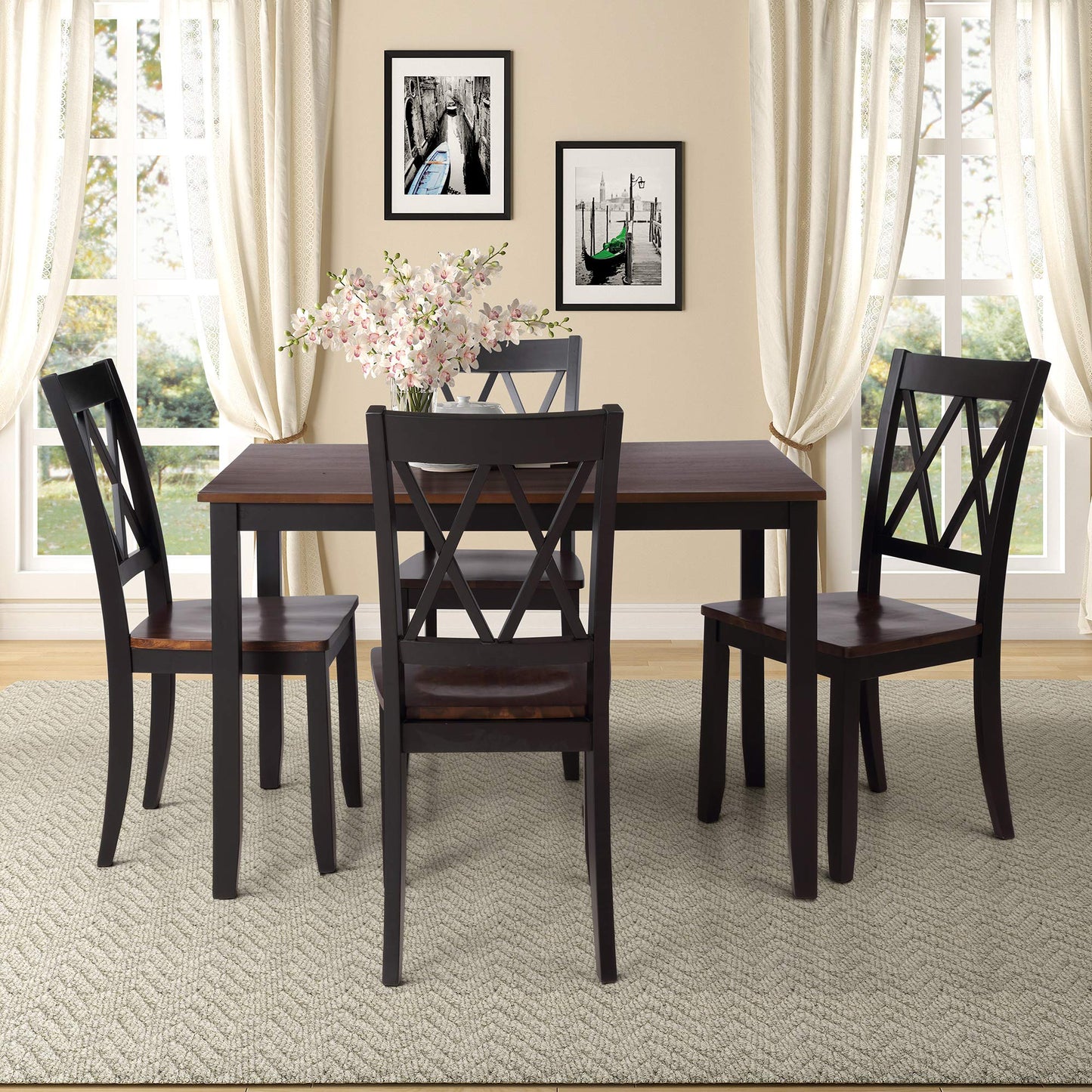 Luxo Abode Farmhouse Style 5 Piece Dining Comfortable Table Set with 4 Chairs, Long-Lasting Solid Wood Home Kitchen Set, Easy Assembly and Clean, for Dining Room, Kitchen, Black - WoodArtSupply