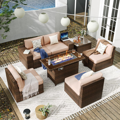 Aoxun 7 Pieces Patio Furniture Set Outdoor Wicker Rattan Furniture 44” Fire Pit Table Outdoor Sectional Sofa Include Waterproof Cover with Thickened Cushions (7 Piece, Beige) - WoodArtSupply