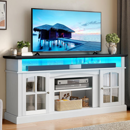 YITAHOME LED Farmhouse TV Stand for TV up to 75 Inch w/Outlets, Highboy Media Entertainment Center Console Table Adjustable Storage Shelves &Cabinet Glass Door for 360lbs for Living Room, White