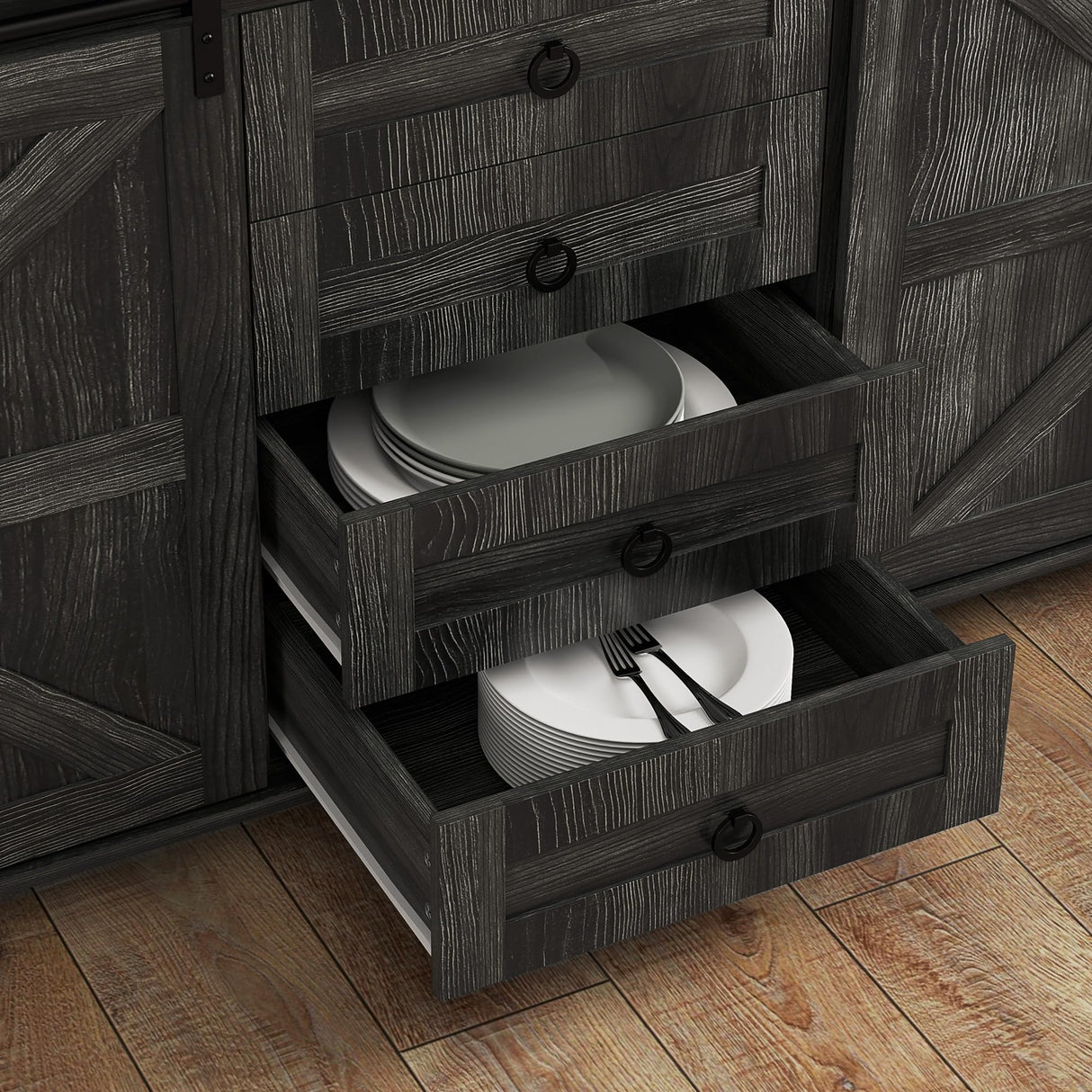 HOMCOM 60" Farmhouse Sideboard Buffet Cabinet with Storage, Kitchen Cabinet with 2 Sliding Barn Doors, 4 Deep Drawers and 2 Adjustable Shelves, Coffee Bar Cabinet, Distressed Dark Gray HOMCOM