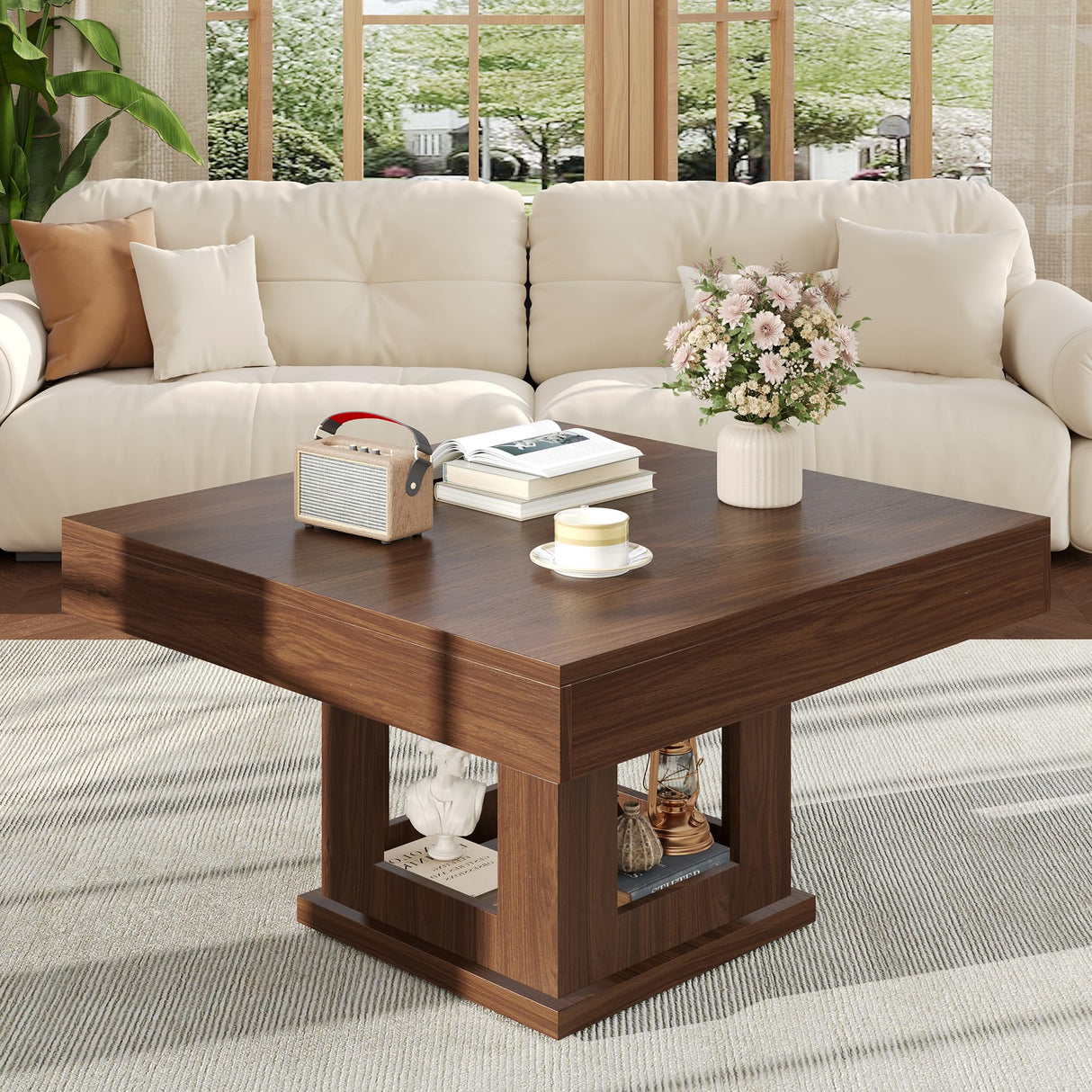 knoworld Square Coffee Table, Wooden Coffee Table with Storage and Cat House, Rustic Brown Cocktail Table for Living Room, Farmhouse Large Center Table knoworld