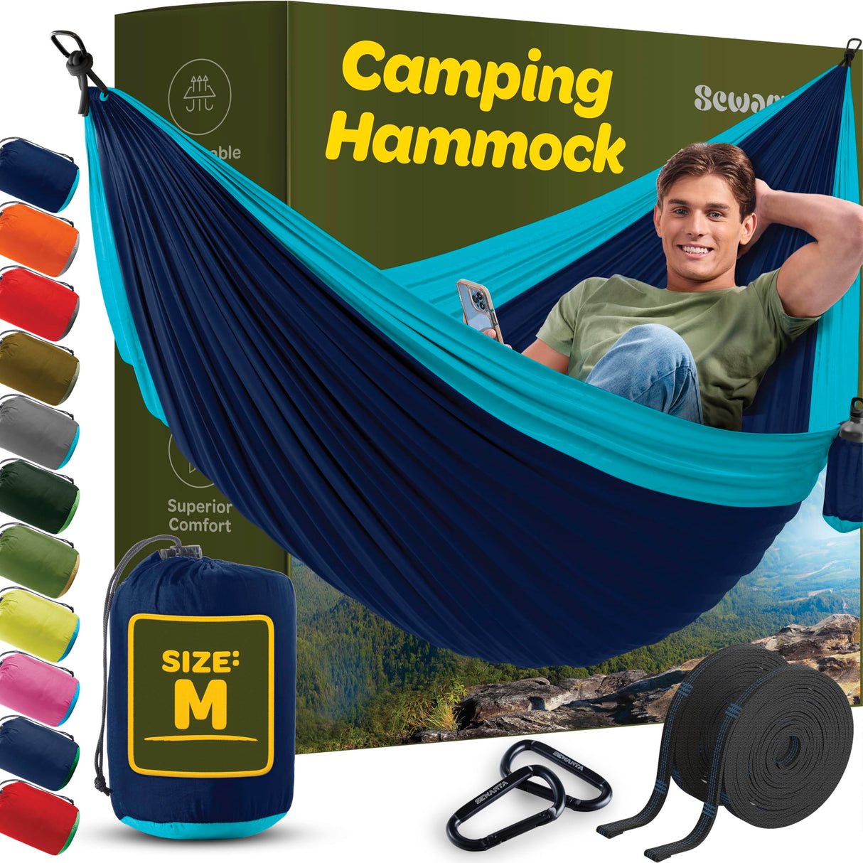 Durable Hammock 400 lb Capacity, Nylon Camping Hammock Chair - Double or Single Sizes w/Tree Straps and Attached Carry Bag - Portable for Travel/Backpacking/Beach/Backyard (Medium, Blue & Light Blue) SEWANTA