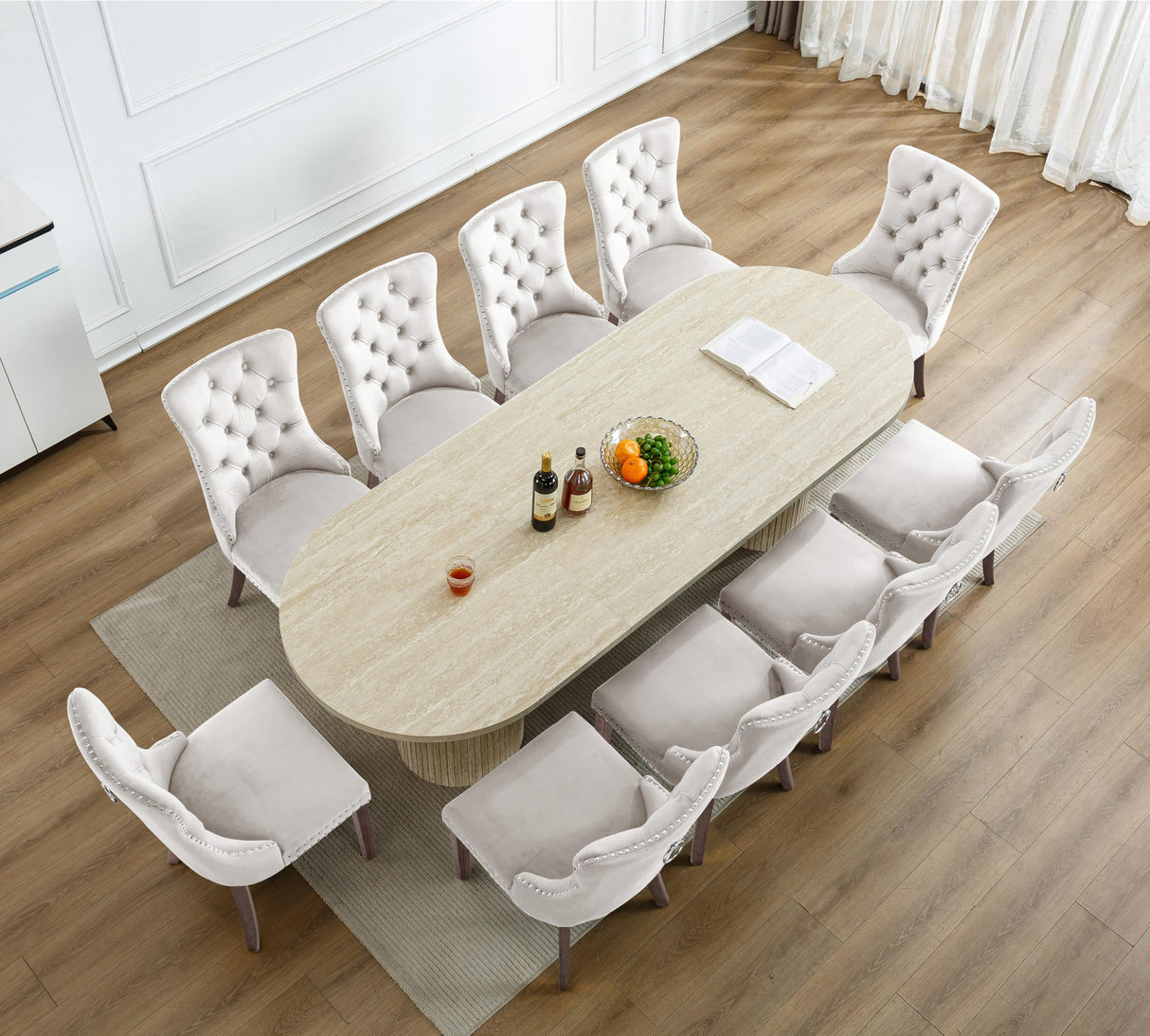 63"-94" Extendable Dining Table Set with 10 Beige Upholstered Chairs, 11 Piece Modern Oval Kitchen Table Set for 10 People, Space-Saving Expandable Dining Room Table Set with Wood Fluted Base Nimaolt