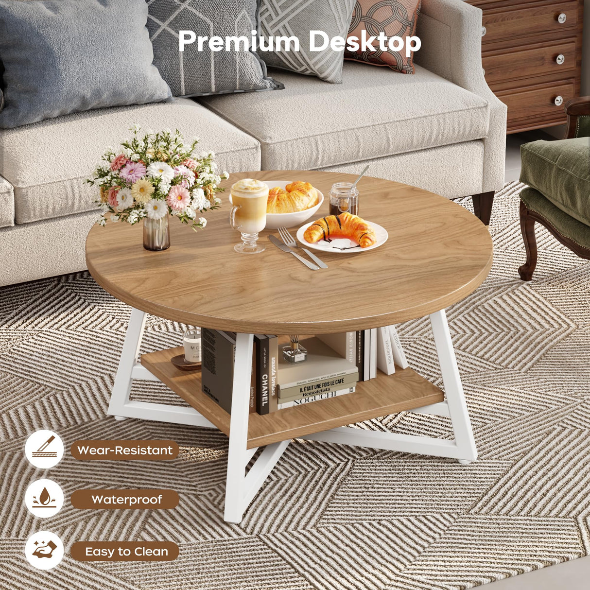 Coffee Table for Living Room, Round Coffee Table, Small Circle Coffee Table with Storage, Modern Wood Round Center Table for Home Office, Small Space, Easy Assembly, Light Coffee Homeiju