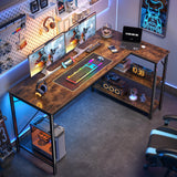 Huuger L Shaped Desk, 55 Inches Computer Desk with Reversible Storage Shelves, Gaming Desk, Corner Desk Home Office Desks, Writing Desk Study Desk with Metal Frame, Rustic Brown Huuger