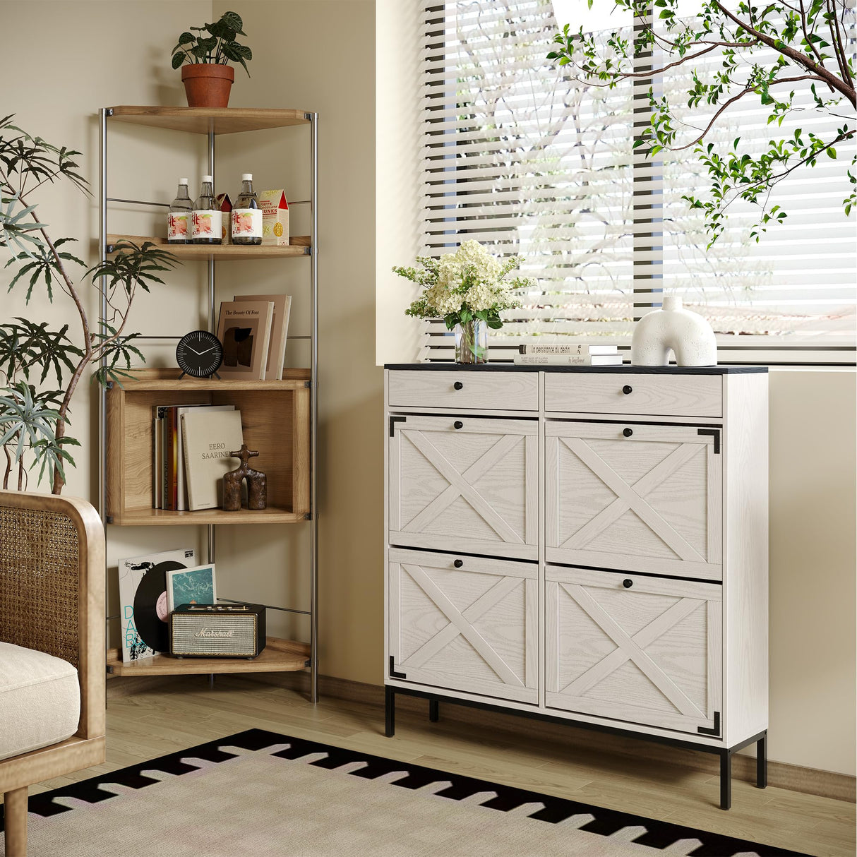 Brafab Large Shoe Storage Organizer Cabinet with 4 Flip Drawers, Freestanding Shoe Rack with Adjustable Shelf for Entryway, Living Room (White) Brafab