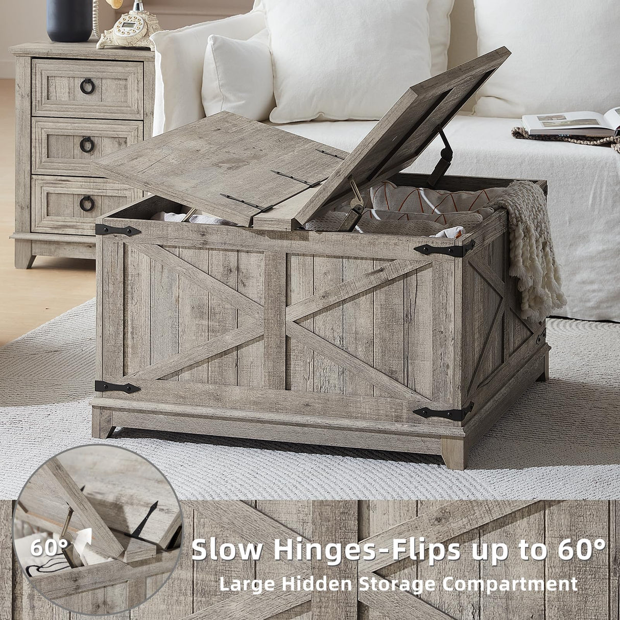 Joaxswe Farmhouse Coffee Table with Hidden Storage Organizer, Modern Square Large Center Table, Wood Farm House Low Rustic Light Oak Living Room Tables with Hinged Lift Top for Home, Office Joaxswe