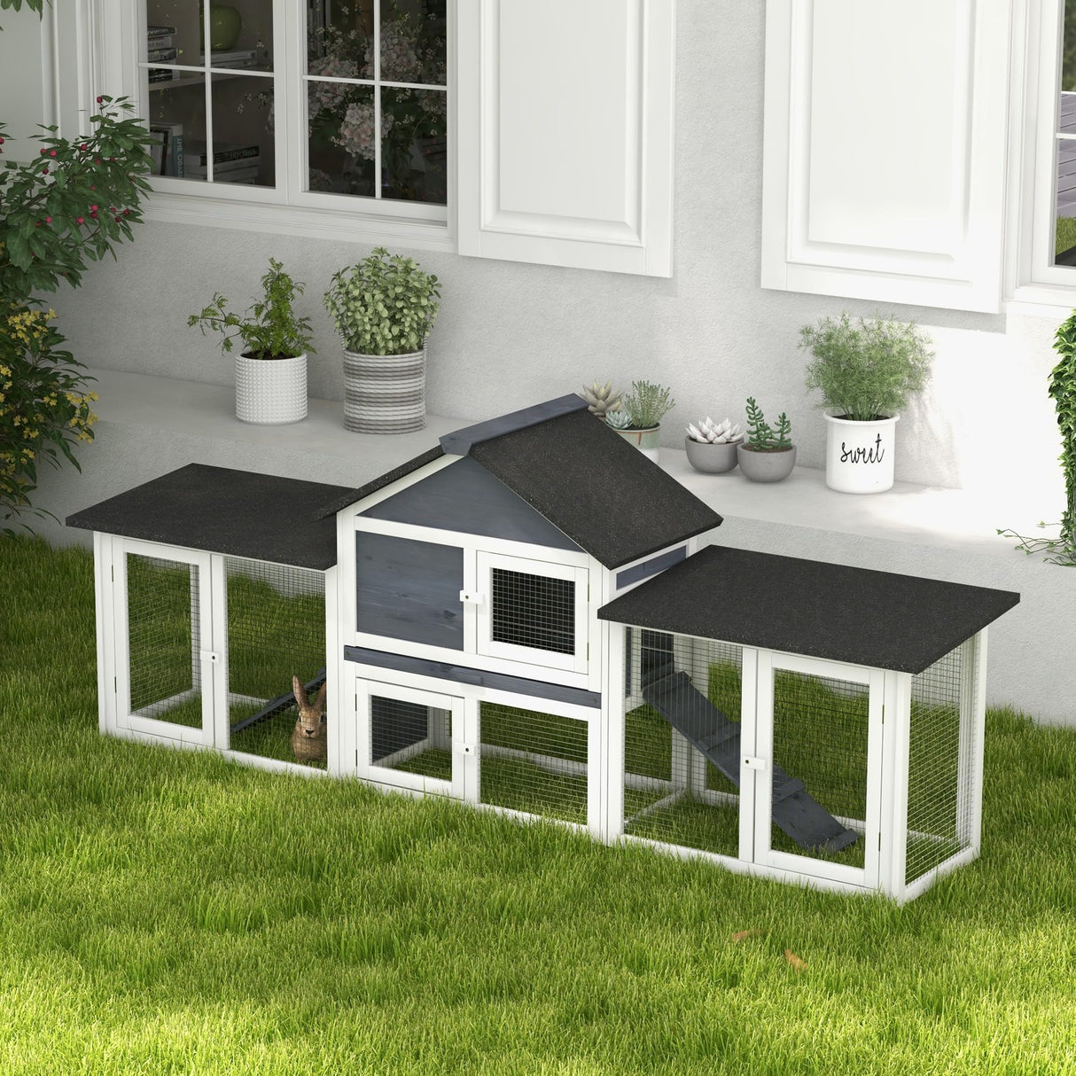 PawHut 83" L Outdoor Rabbit Hutch, Guinea Pig Cage Indoor Outdoor Wooden Bunny Hutch with Double Runs, Weatherproof Roof, Removable Tray, Ramps, Dark Gray PawHut