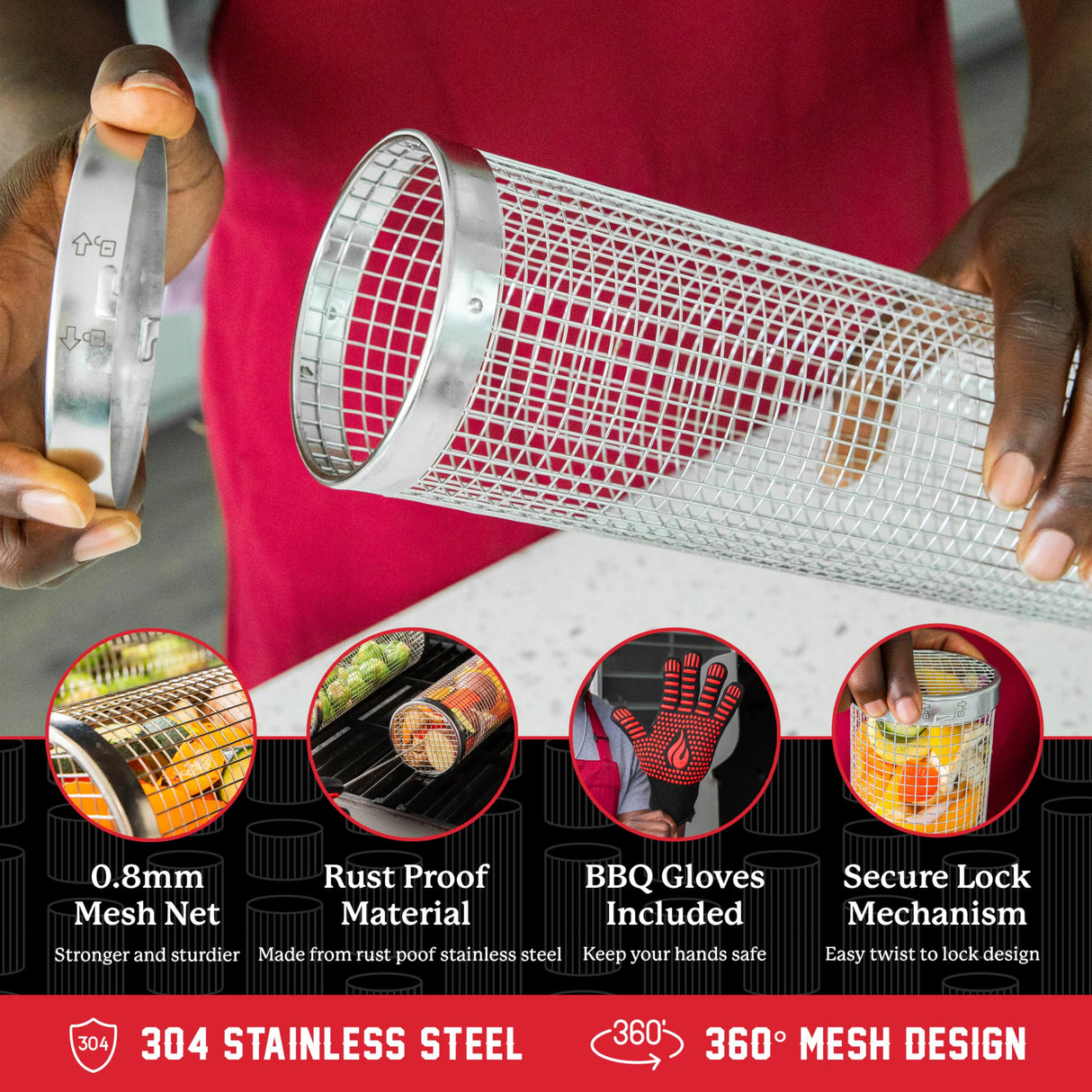 Blazin' Grill Rolling Grill Basket | Rolling Grilling Baskets for Outdoor Grilling 2 Pcs | Barbecue Grill Set with BBQ Gloves | Portable Camping Net Rack Perfect for Vegetables, Seafood & Meat | BLAZIN' GRILL