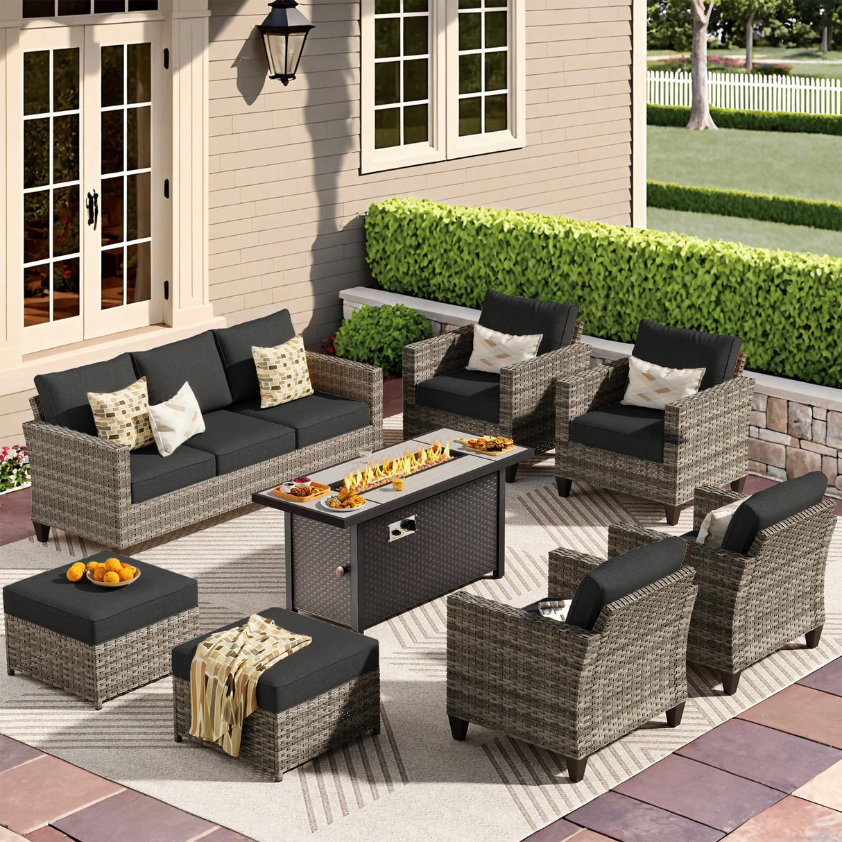 CAODOC 8-Piece Outdoor Wicker Patio Set with 9 Seats, Including 53" Fire Pit - Sectional Sofa and Conversation Set for Backyard or Lawn, Gray Rattan with Waterproof Black Cushions CAODOC
