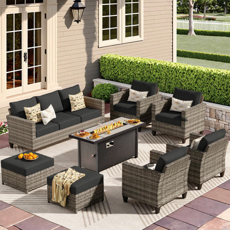 CAODOC 8-Piece Outdoor Wicker Patio Set with 9 Seats, Including 53" Fire Pit - Sectional Sofa and Conversation Set for Backyard or Lawn, Gray Rattan with Waterproof Black Cushions CAODOC