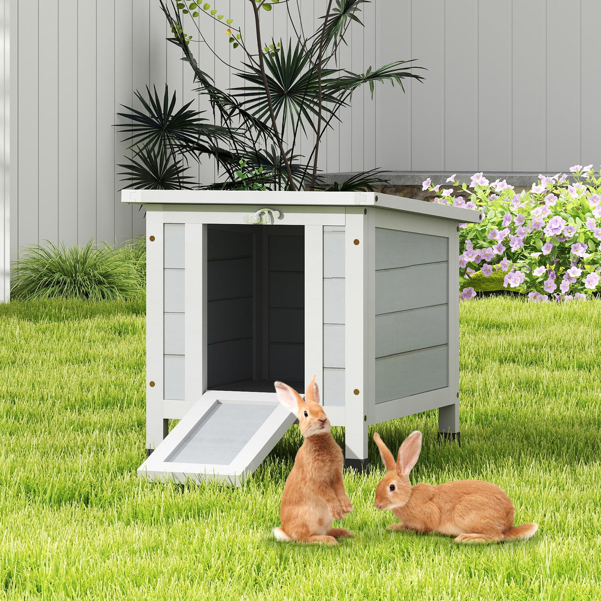 COZIWOW Rabbit Hutch, Outdoor Cat House Weatherproof, Bunny Cage Indoor with Openable, Portable Small Animals Shelters with Nonslip Ramp for Hideout Rabbits/Feral Cats/Chicken/Duck/Small Animals-Gray COZIWOW