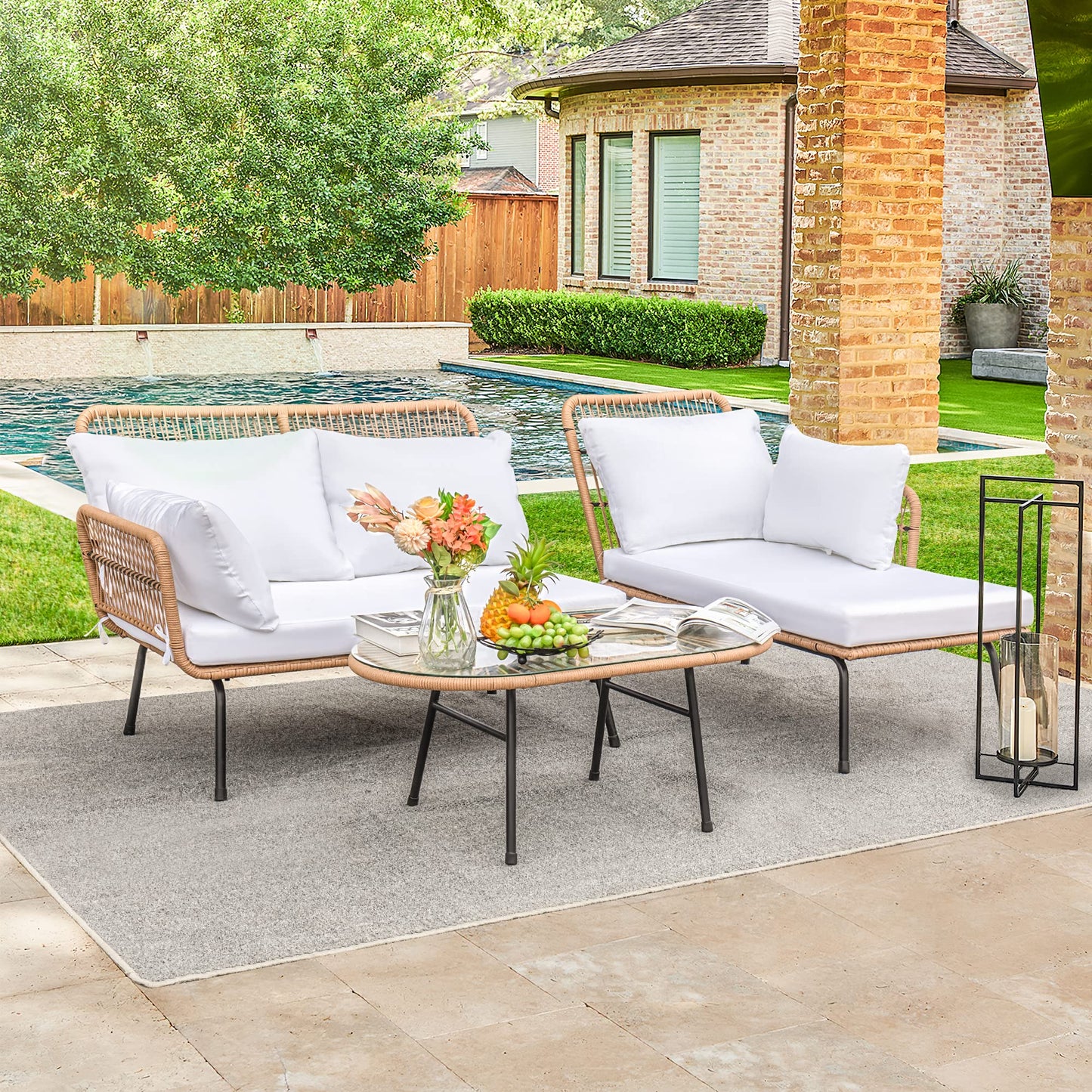 Devoko Outdoor Patio Furniture Set, Outdoor Sectional Conversation Rope Woven L-Shaped Sofa Set with Patio Table and Thick Cushions for Backyard Porch Balcony Garden, White - WoodArtSupply