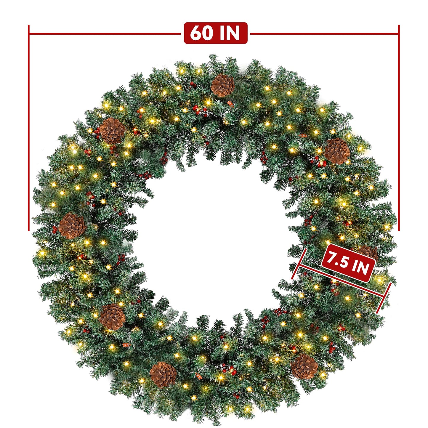 Prelit Christmas Wreath 60 Inches Large Outdoor Christmas Wreath 220 Warm White LED Lights, Artificial Lighted Christmas Wreath Winter Wreath with 630 PVC Tips Vivid Pine Cones and Berry Clusters