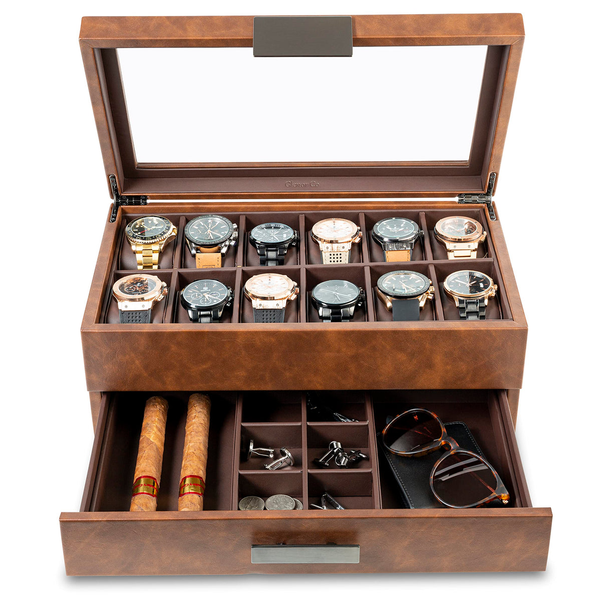 Glenor Co Watch Box with Valet Drawer for Men - 12 Slot Luxury Case Display Watch Organizer, Metal Buckle for Mens Jewelry Watches, Men's Storage Boxes Holder has Large Glass Top - PU Leather Brown Glenor Co