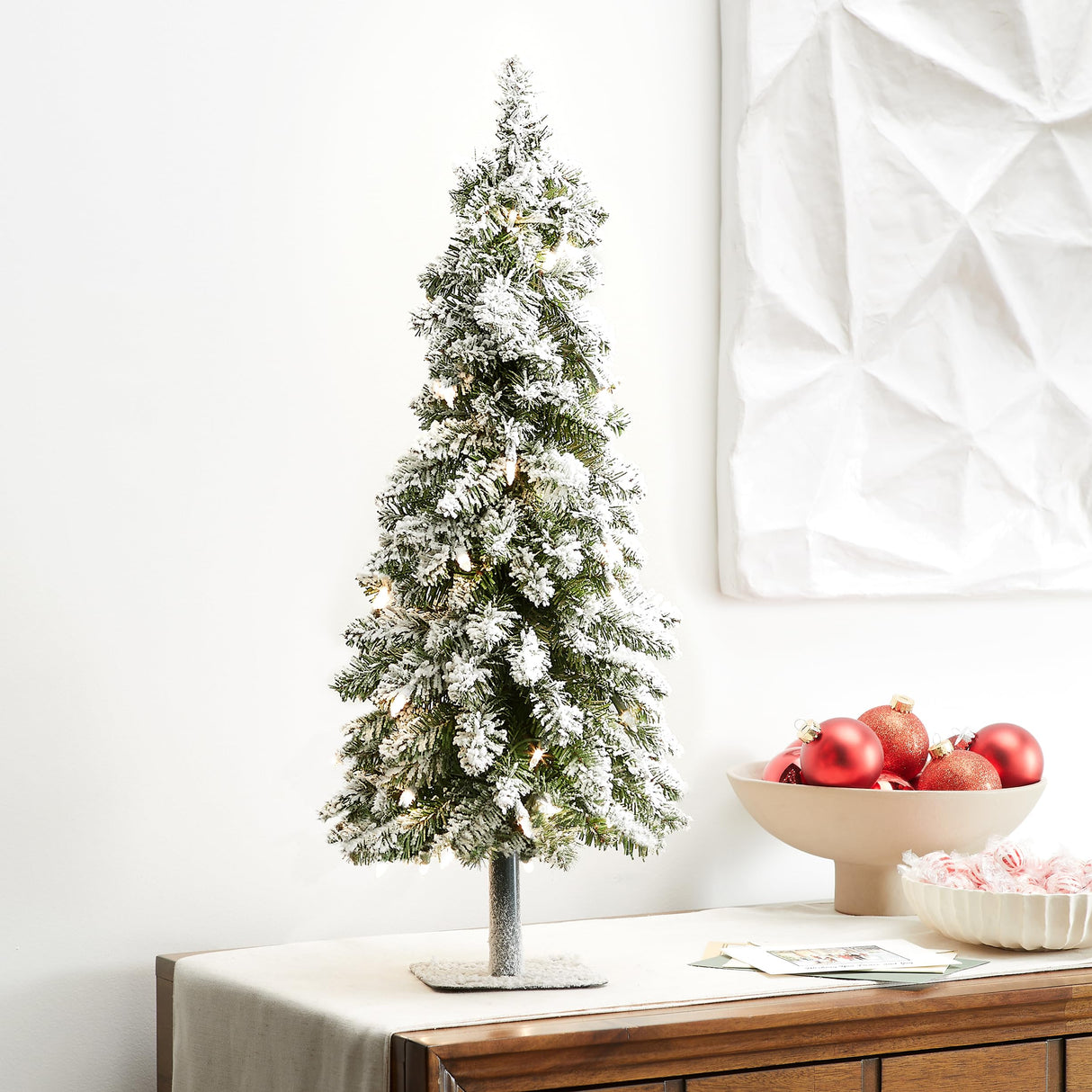 National Tree Company Pre-Lit Artificial Christmas Tree, Snowy Downswept, Green, White Lights, Includes Stand, 2 Feet National Tree Company