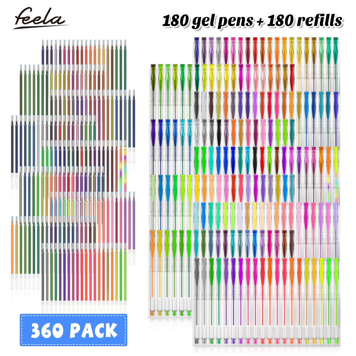 feela 360 Colors Gel Pens Set 180 Unique Gel Pen Plus 180 Refills for Adult Coloring Books Drawing feela