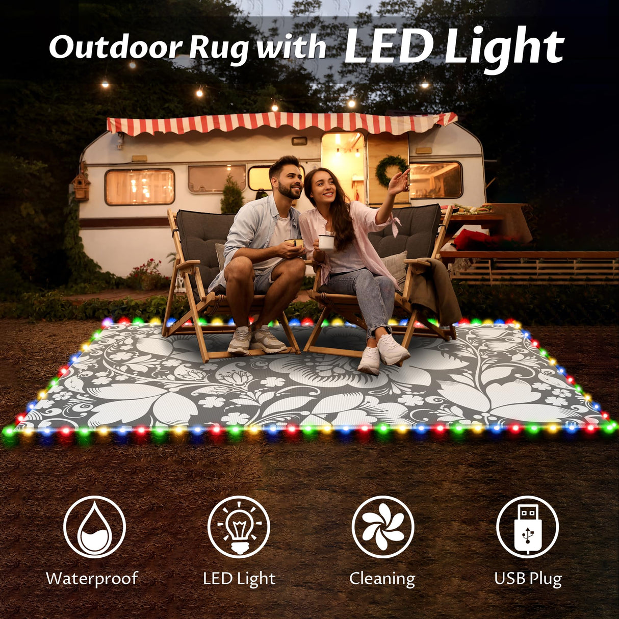 RV Outdoor Rug with Lights 5x8ft, Outdoor Camping Rug, Waterproof, Easy Cleaning, Non Shedding, Foldable and Portable, Reversible Mats for RV, Deck, Beach, Camping, Patio, Picnic (Grey & White) Pafolo