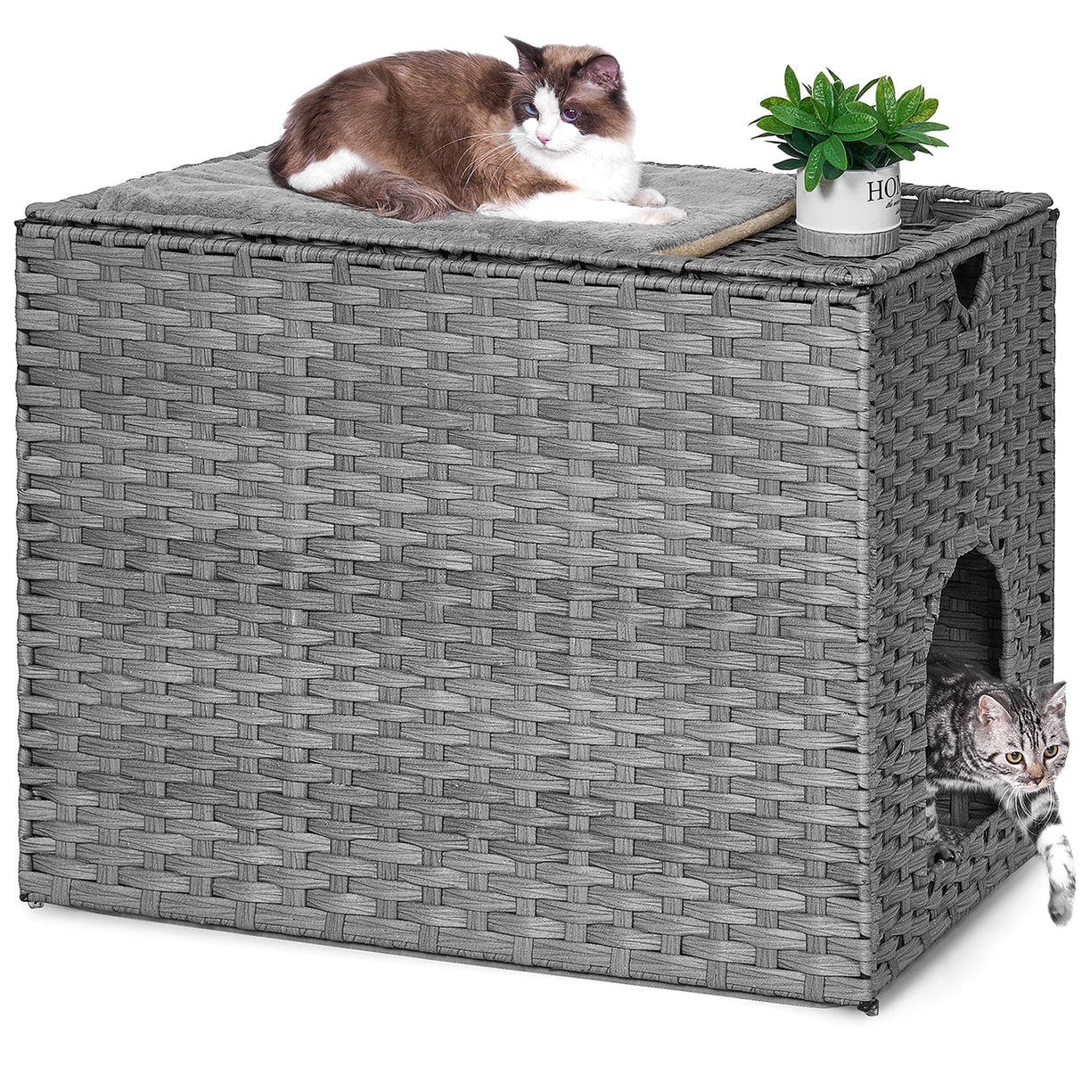 Cat Litter Box Enclosure with Litter Trapping Mat; Handwoven Plastic Rattan Cat House; No Installation Hidden Cat Washroom; Pet Crate for Balcony,Bedroom,Living Room Honiakaka