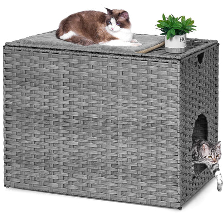 Cat Litter Box Enclosure with Litter Trapping Mat; Handwoven Plastic Rattan Cat House; No Installation Hidden Cat Washroom; Pet Crate for Balcony,Bedroom,Living Room Honiakaka
