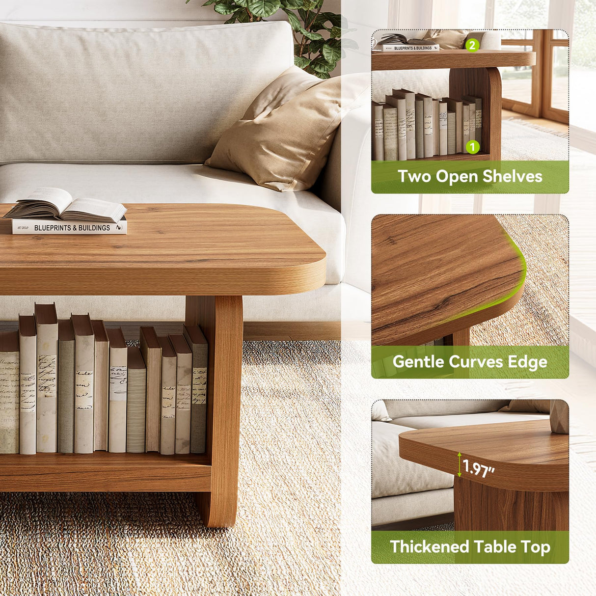 LITTLE TREE 47.2" Coffee Table, 2-Tier Coffee Table with Storage, Safe Rounded Corners, Square Modern Farmhouse Table for Living Room, Bedroom, Kids Room, 47.24" W x 23.62" D, Brown LITTLE TREE