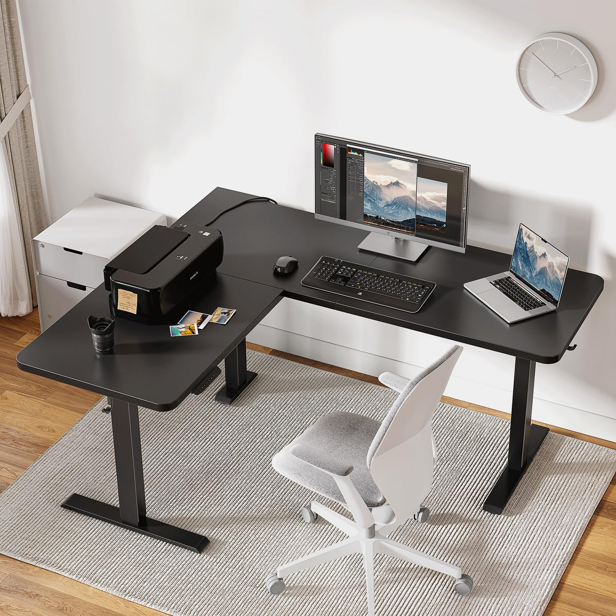 FEZIBO L Shaped Standing Desk, 63" Corner Standing Desk with Electric Adjustable Height, L Shaped Adjustable Desk with Splice Board, Black FEZIBO