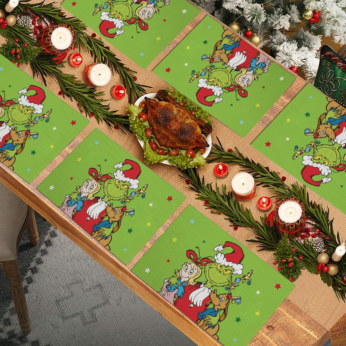DAZONGE Set of 6 Christmas Table Placemats, Green Xmas Placemats for Dining Table Decor, Washable Table Mats for Christmas Holiday Home Kitchen Decor DAZONGE