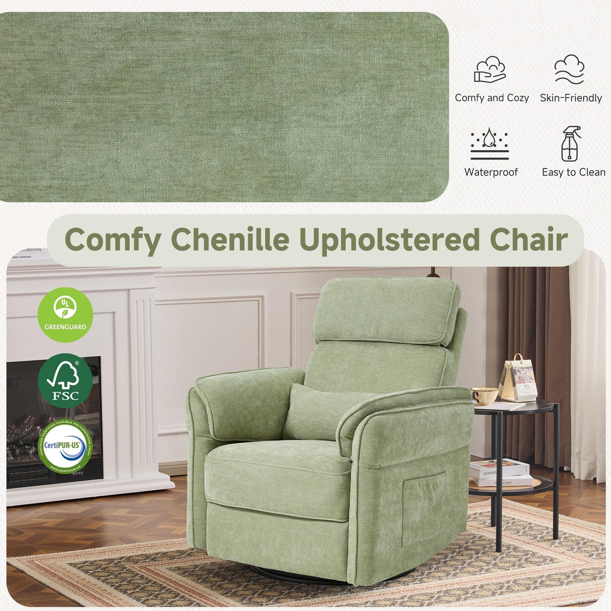 MELLCOM Power Recliner Rocking Chair Nursery Gliders with Adjustable Armrests and Headrest, Swivel Electric Glider Reclining Nursing Chair with USB Port and Storage Bags, FSC Certified(Fabric, Green) MELLCOM