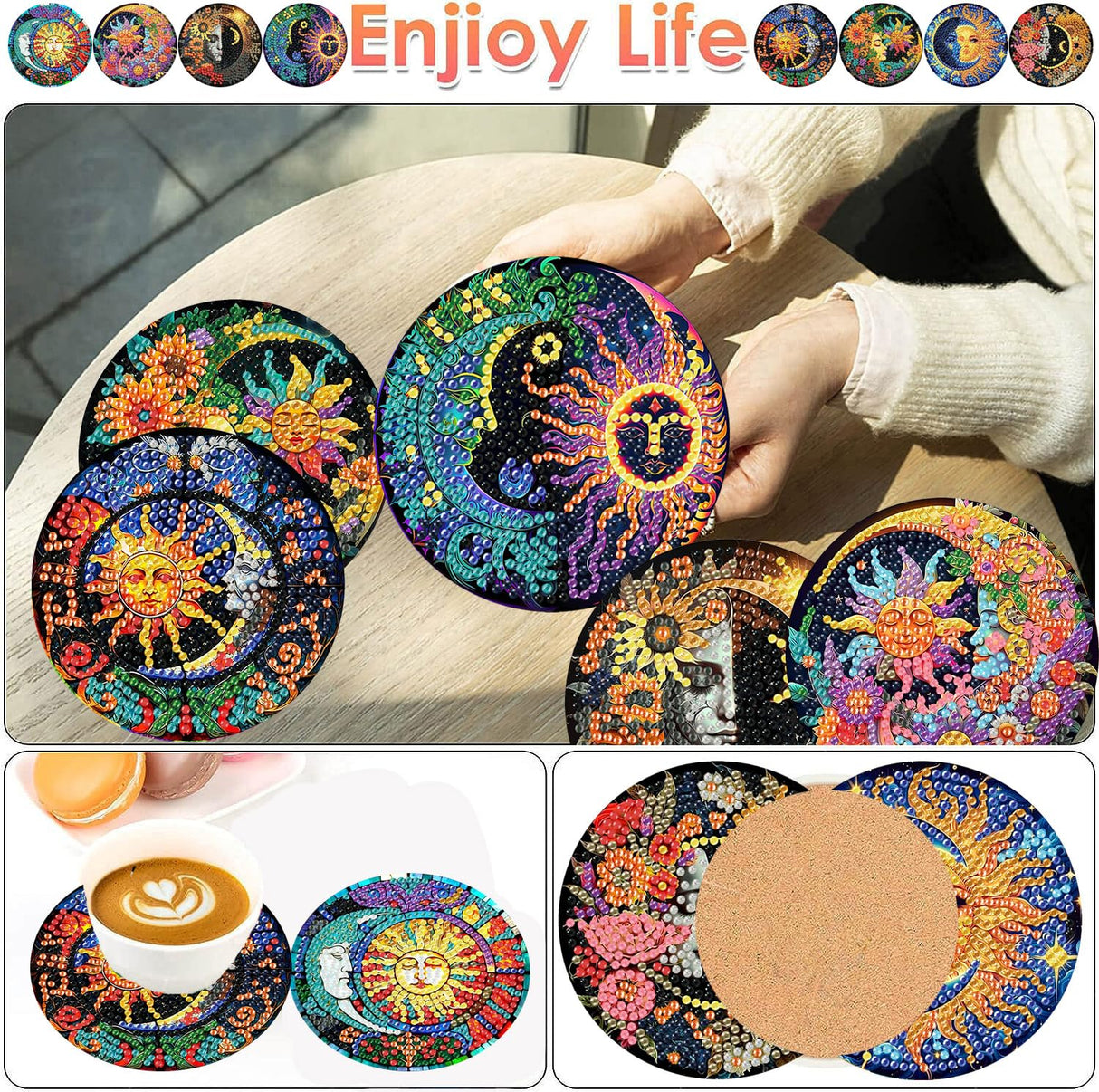 ijbnhd 8 Pcs Sun & Moon Diamond Art Coasters with Holder-DIY Sun & Moon Diamond Painting Coasters 5D Art Coaster with Cork Pads for Adults for Holiday Gift ijbnhd