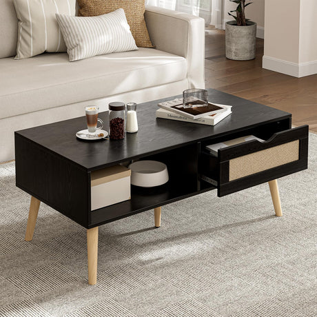 ZttRiee Wood Coffee Table with Storage, Boho Dining Table with Rattan Drawer and Solid Wood Legs, Small Coffee Tables for Living Room, Black ZttRiee
