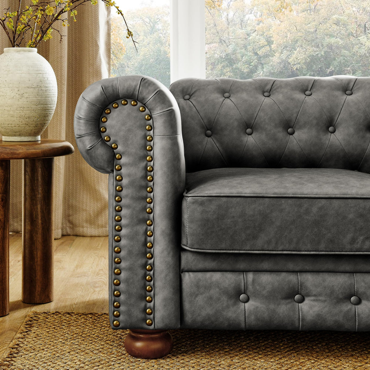 KEIKI 89" Chesterfield PU Tufted Button Sofa with Scrolled Arms, Classic Mid-Century 3-Seater Upholstered Couch with Nailhead Decoration, Easy Assembly, for Living Room, Bedroom, Office, Dark Gray KEIKI