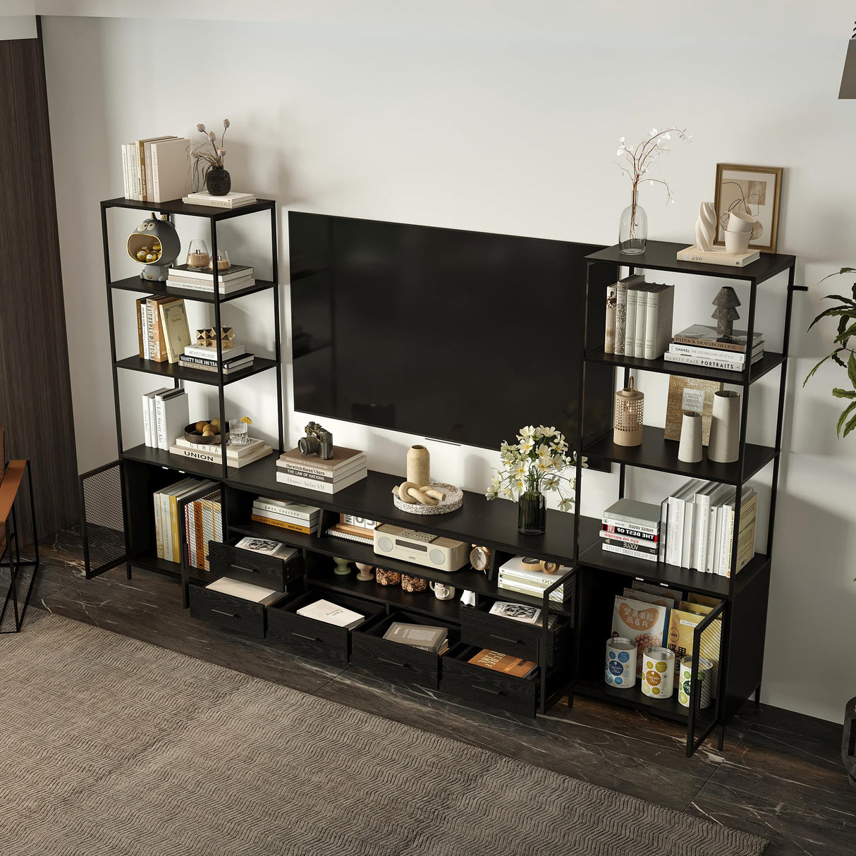 WOODTIME 107.8" W 3-Piece Entertainment Center Wall Unit with Bookshelves for TVs up to 70", TV Stand Media Console Table with Shelves & Drawers for Living Room Home Theater, Black WOODTIME