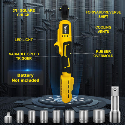 3/8" Brushless Ratchet Wrench Compatible with DEWALT 20V Battery, 74Ft-Lbs Electric Cordless Ratchet, Square Drive Wrench with Variable Speed, 1/4" Adapter, 3" Extension Bar & 7 Sockets (Tool - WoodArtSupply