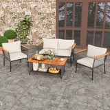 Tangkula 4 Piece Patio Furniture Set, Patiojoy Rattan Chair Set w/ 2-Tier Coffee Table, Acacia Wood Armrests & Tabletop, Soft Seat & Back Cushions, Outdoor Wicker Conversation Set Tangkula