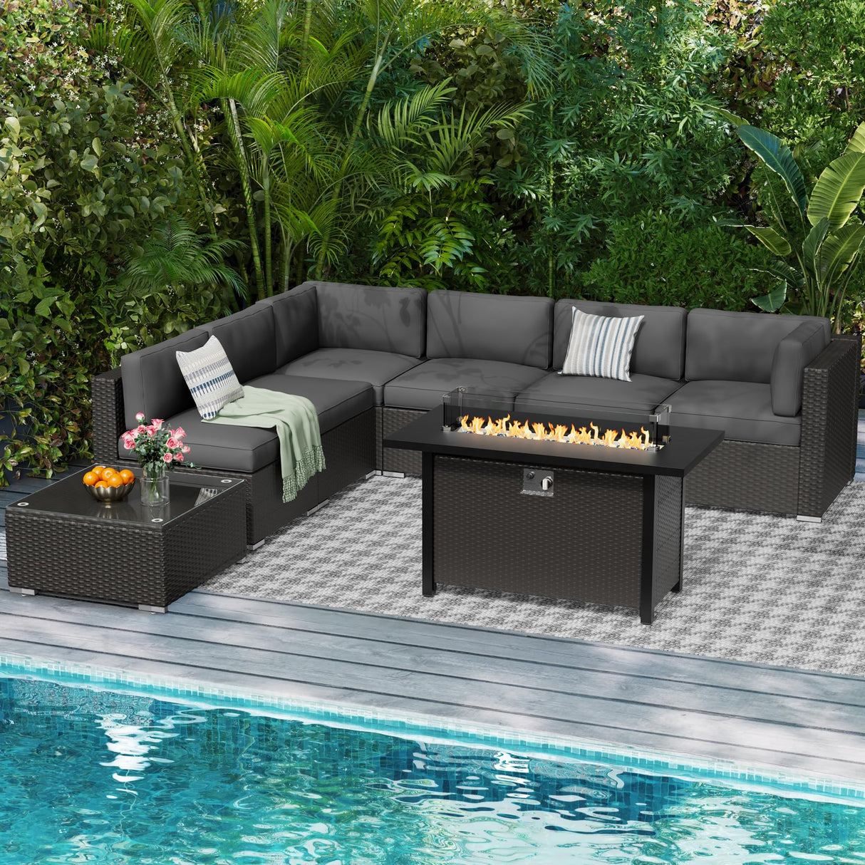 Incbruce 8-Piece Patio Furniture Set with Fire Pit Table, PE Black Brown Wicker Rattan Outdoor Sectional Couch, Patio Conversation Set with Glass Table and Removable Cushions (Grey) Incbruce