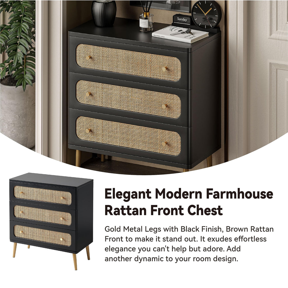 LONYKE Wicker Rattan Chest of Drawers, 3-Drawer Dresser, Black Finish Wooden Storage Cabinet, Modern Farmhouse Accent Table, Boho Mid-Century Coastal Sideboard LONYKE