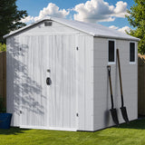 Greesum 6×8FT Plastic Outdoor Storage Shed with Floor, Resin Storaged Sheds with Lockable Double Door, Windows & Vents, All-Weather Tool Sheds for Garden, Backyard, Patio, Light Gray Greesum
