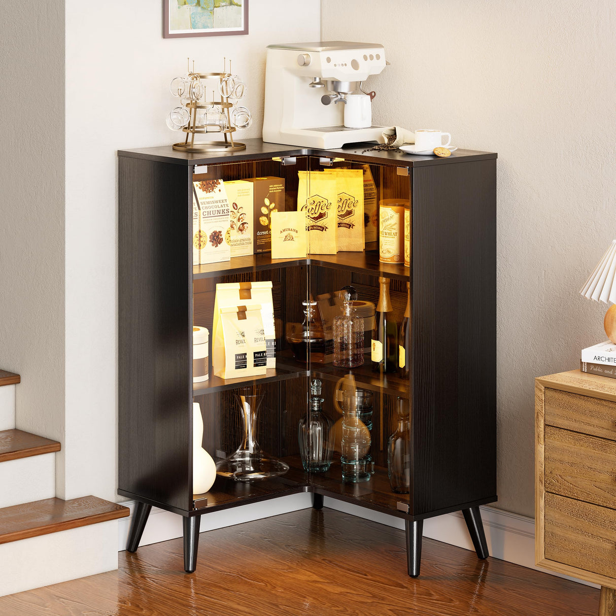 PAKASEPT 3-Tier Corner Glass Display Cabinet with LED Lights for Collectibles,Display Case with Tempered Glass Doors,Curio Cabinet with 6 Adjustable Shelves,Kids Bookcase for Bedroom, Living Room PAKASEPT