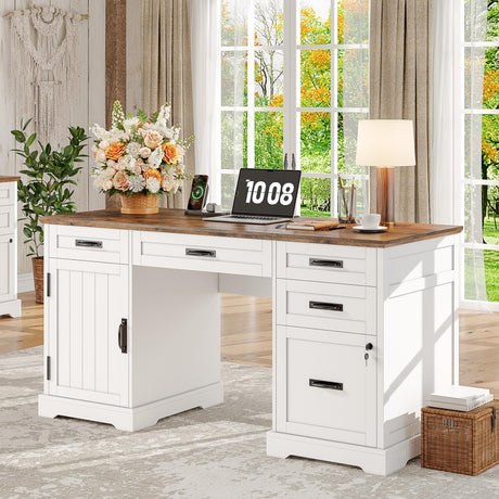 Executive Desk with Drawers, 55'' Farmhouse Desk Wooden, Home Office Computer Desk with File Cabinet and Charging Station, White Whalefall
