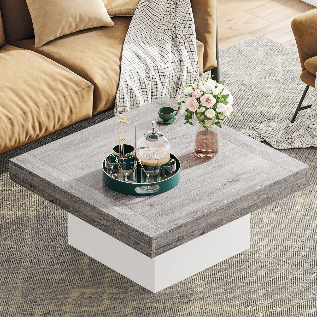 Tribesigns Square LED Coffee Table Grey and White Engineered Wood Coffee Table Low Coffee Table for Living Room Rustic Farmhouse Coffee Table Tribesigns