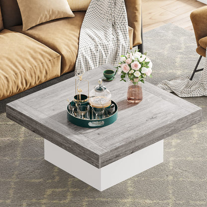 Tribesigns Square LED Coffee Table Grey and White Engineered Wood Coffee Table Low Coffee Table for Living Room Rustic Farmhouse Coffee Table - WoodArtSupply