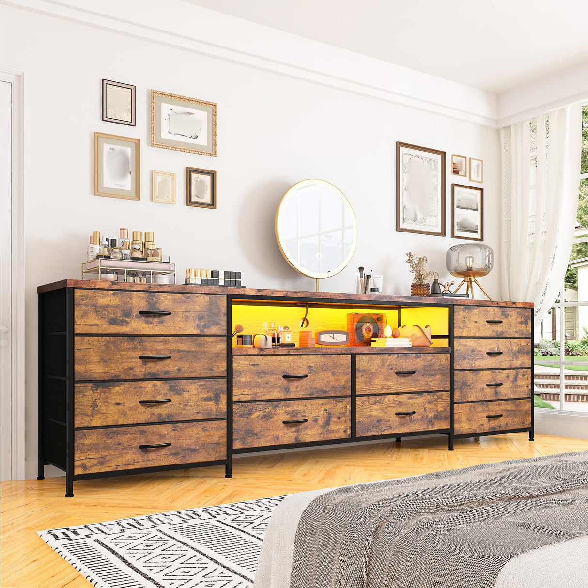 EnHomee 12 Drawer Dresser TV Stand for 65 70 75 Inch TV 63" W Extra Long Dresser for Bedroom with LED Lights & Power Outlets Entertainment Center with Fabric Drawers for Closet Rustic Brown EnHomee