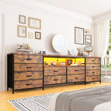 EnHomee 12 Drawer Dresser TV Stand for 65 70 75 Inch TV 63" W Extra Long Dresser for Bedroom with LED Lights & Power Outlets Entertainment Center with Fabric Drawers for Closet Rustic Brown EnHomee