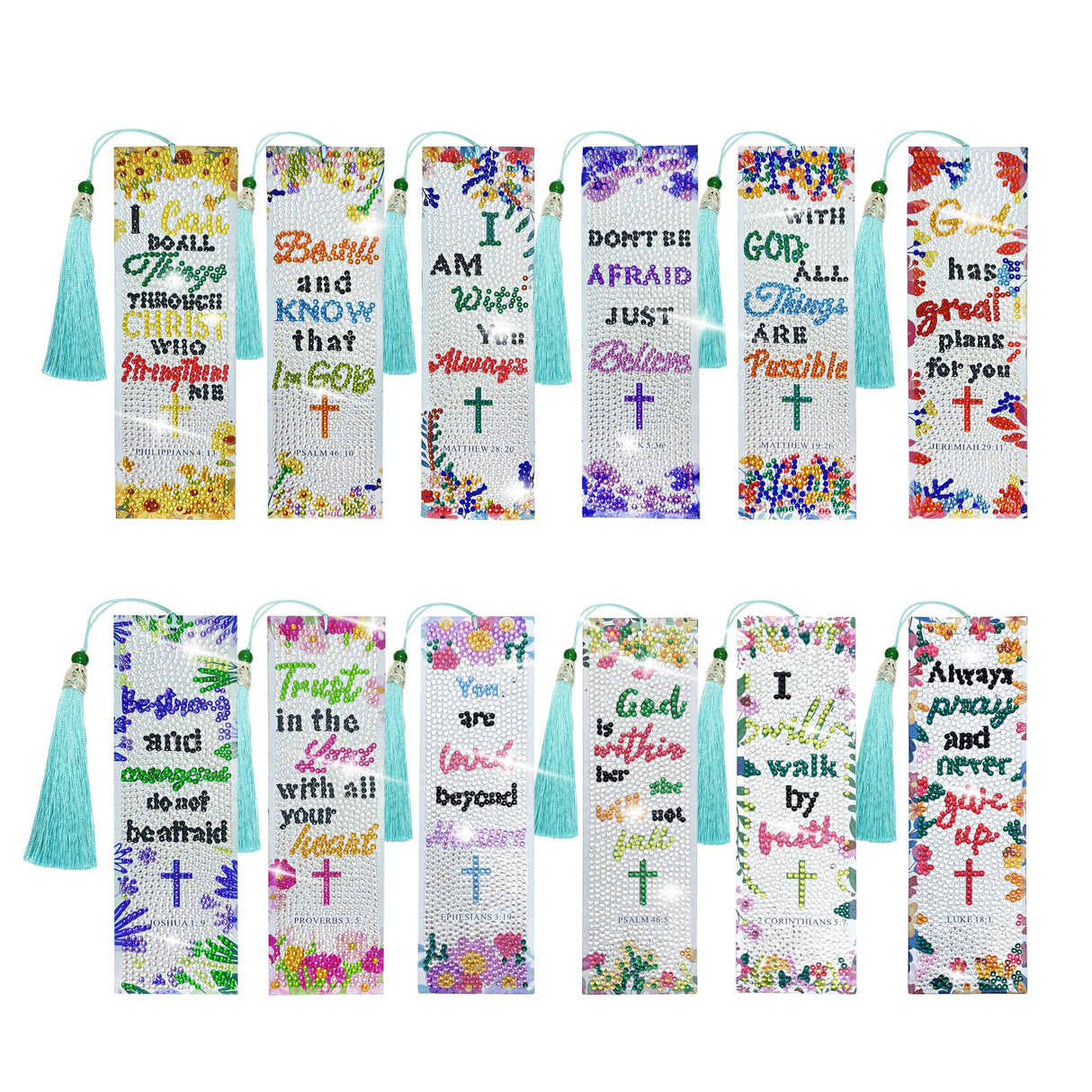 12Pcs Christian Bible Verse Diamond Art Bookmark for Adults Flower Cross 5d Diamond Painting Bookmarks with Tassel for DIY Making Kit for Reading Lover Book Lover DIY Crafts Religious Gift SEREDH