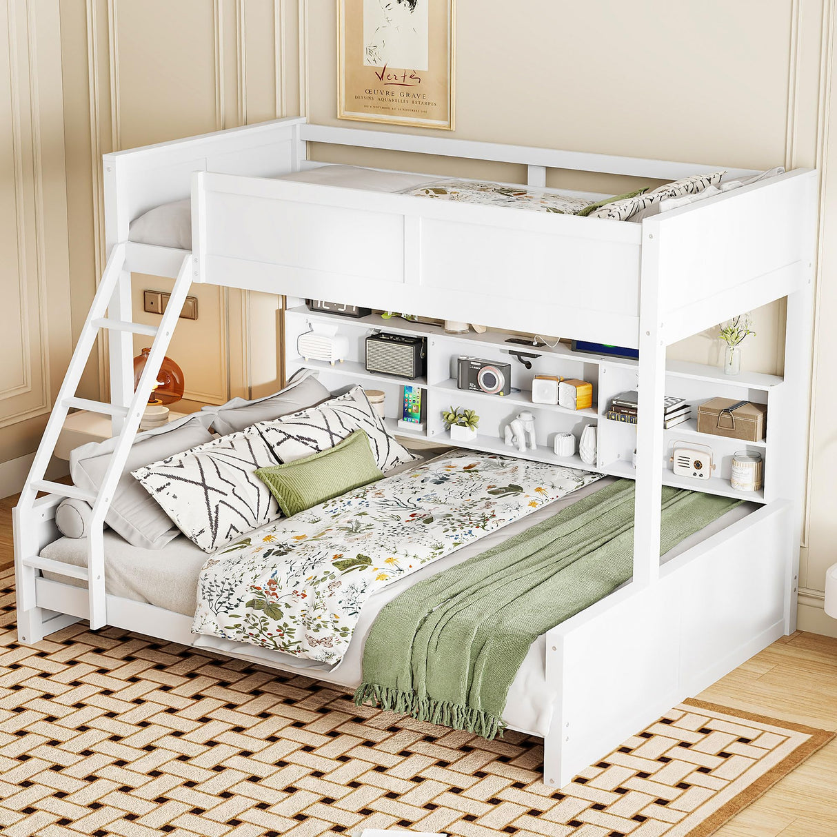 RuiSiSi Twin XL Over Queen Bunk Bed with Storage, Solid Wood Bunk Bed with Storage Cabinets and USB Ports for Kids Teens Adults, Safety Guardrail, No Box Spring Needed, Antique White RuiSiSi